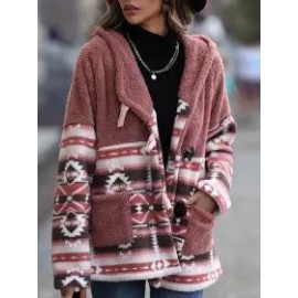 Casual Loose Vintage Geometric Hooded Sherpa Coat