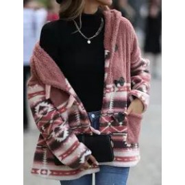 Casual Loose Vintage Geometric Hooded Sherpa Coat