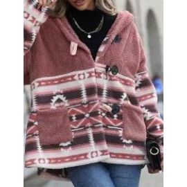 Casual Loose Vintage Geometric Hooded Sherpa Coat