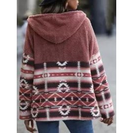 Casual Loose Vintage Geometric Hooded Sherpa Coat