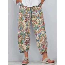 Casual Ethnic Print Loose Pocket Pants