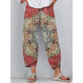 Casual Ethnic Print Loose Pocket Pants