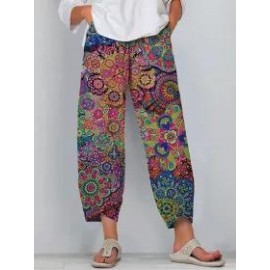 Casual Ethnic Print Loose Pocket Pants
