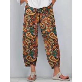 Casual Ethnic Print Loose Pocket Pants