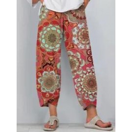 Casual Ethnic Print Loose Pocket Pants