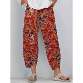 Casual Ethnic Print Loose Pocket Pants