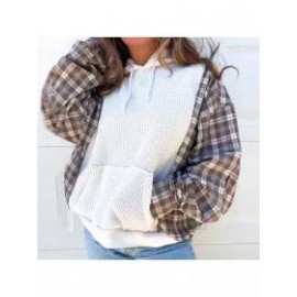 Women Plaid Patchwork Waffle Fleece Sweatshirt