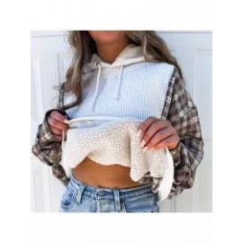 Women Plaid Patchwork Waffle Fleece Sweatshirt