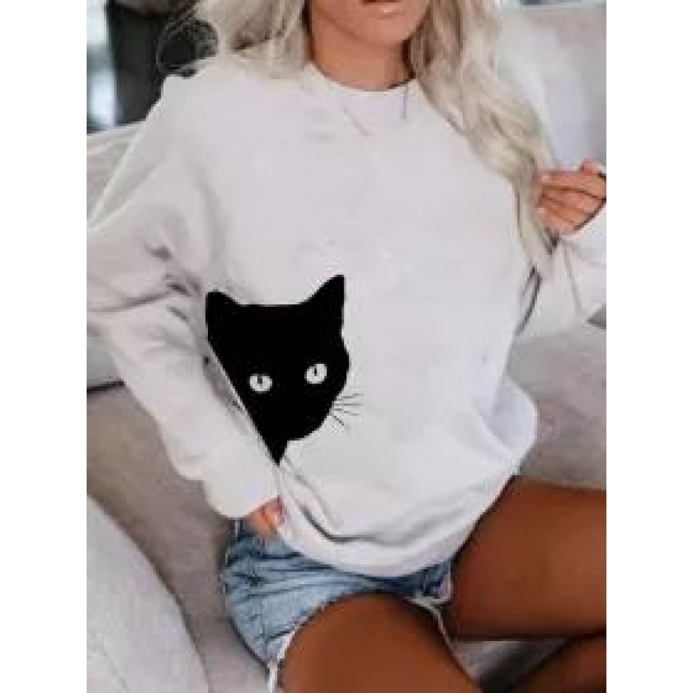 Cat Print Long-Sleeved Sweatshirt Cat Print Long-Sleeved Sweatshirt