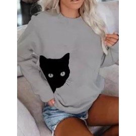 Cat Print Long-Sleeved Sweatshirt
