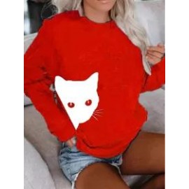 Cat Print Long-Sleeved Sweatshirt