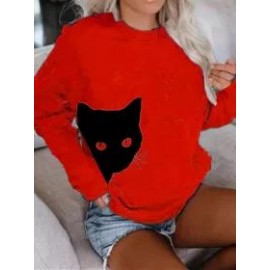 Cat Print Long-Sleeved Sweatshirt