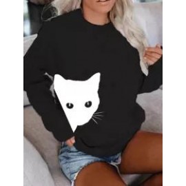 Cat Print Long-Sleeved Sweatshirt