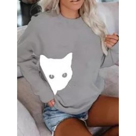 Cat Print Long-Sleeved Sweatshirt