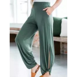 Solid Color Loose-Knotted Elastic Waist Wide-Leg Trousers