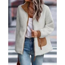 Casual Solid Plush Long Sleeve Zip Pocket Panel Jacket