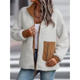 Casual Solid Plush Long Sleeve Zip Pocket Panel Jacket