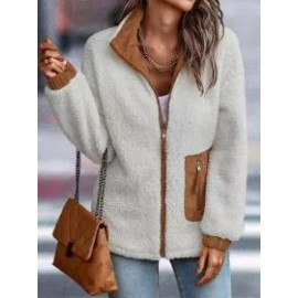 Casual Solid Plush Long Sleeve Zip Pocket Panel Jacket