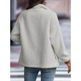 Casual Solid Plush Long Sleeve Zip Pocket Panel Jacket