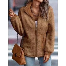 Casual Solid Plush Long Sleeve Zip Pocket Panel Jacket