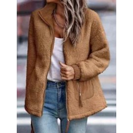Casual Solid Plush Long Sleeve Zip Pocket Panel Jacket