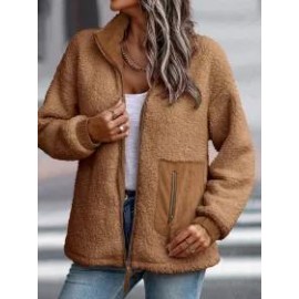 Casual Solid Plush Long Sleeve Zip Pocket Panel Jacket
