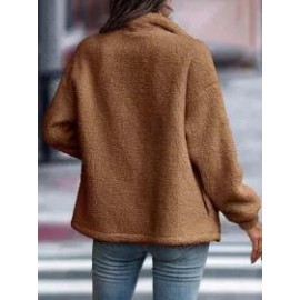 Casual Solid Plush Long Sleeve Zip Pocket Panel Jacket