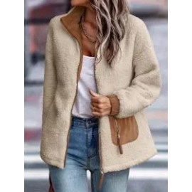 Casual Solid Plush Long Sleeve Zip Pocket Panel Jacket