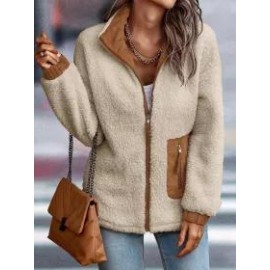 Casual Solid Plush Long Sleeve Zip Pocket Panel Jacket