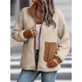 Casual Solid Plush Long Sleeve Zip Pocket Panel Jacket