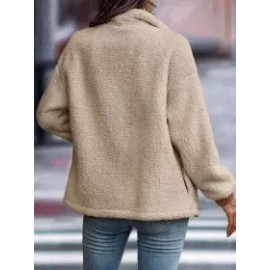 Casual Solid Plush Long Sleeve Zip Pocket Panel Jacket