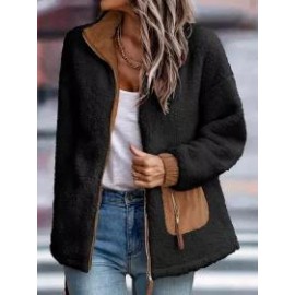 Casual Solid Plush Long Sleeve Zip Pocket Panel Jacket