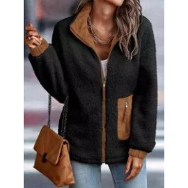 Casual Solid Plush Long Sleeve Zip Pocket Panel Jacket