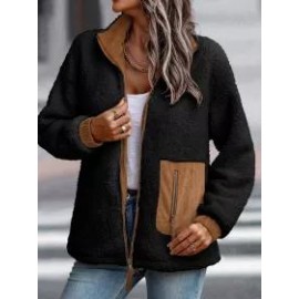 Casual Solid Plush Long Sleeve Zip Pocket Panel Jacket