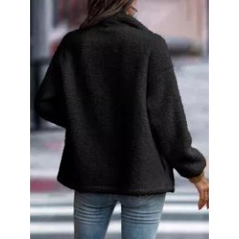 Casual Solid Plush Long Sleeve Zip Pocket Panel Jacket