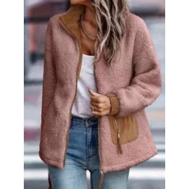 Casual Solid Plush Long Sleeve Zip Pocket Panel Jacket