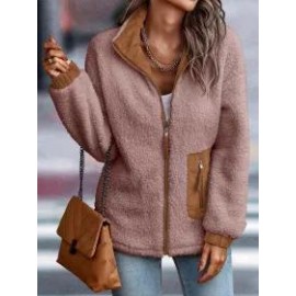 Casual Solid Plush Long Sleeve Zip Pocket Panel Jacket