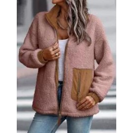 Casual Solid Plush Long Sleeve Zip Pocket Panel Jacket