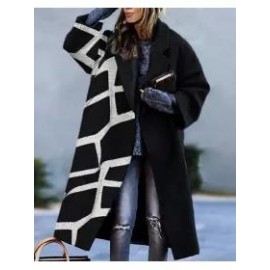 Fashion Printed Color Block Woolen Coat