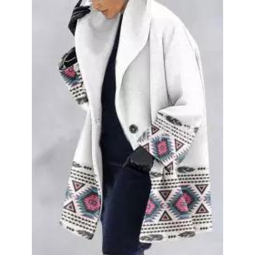 Leaf Print Double Pocket Casual Woolen Coat
