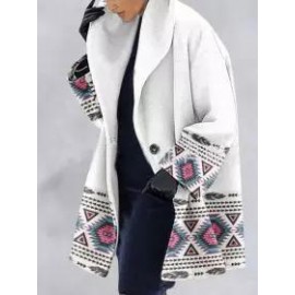 Leaf Print Double Pocket Casual Woolen Coat