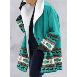Leaf Print Double Pocket Casual Woolen Coat