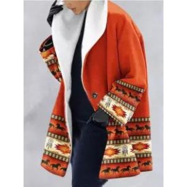 Leaf Print Double Pocket Casual Woolen Coat