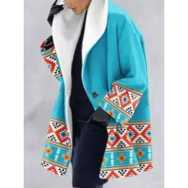 Leaf Print Double Pocket Casual Woolen Coat