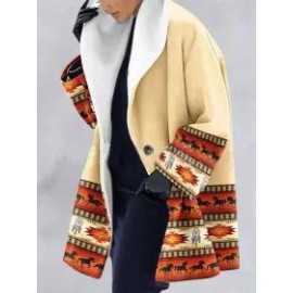 Leaf Print Double Pocket Casual Woolen Coat