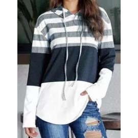Fashion Stripe Color Block Patchwork Casual Long Sleeve Hoodie