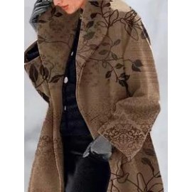 Leaf Print Casual Loose Woolen Coat