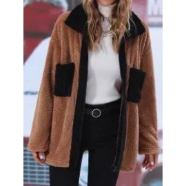 Casual Loose Panel Lapel Plush Thermal Long Sleeve Coat
