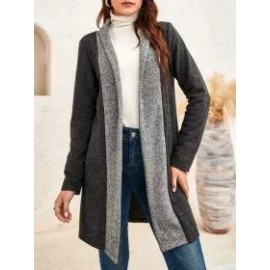 Stitching Contrast Woolen Casual Collarless Cardigan Long-sleeved Coat