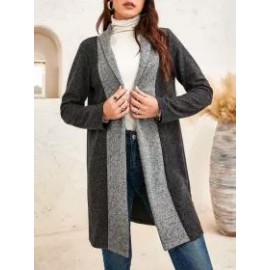 Stitching Contrast Woolen Casual Collarless Cardigan Long-sleeved Coat